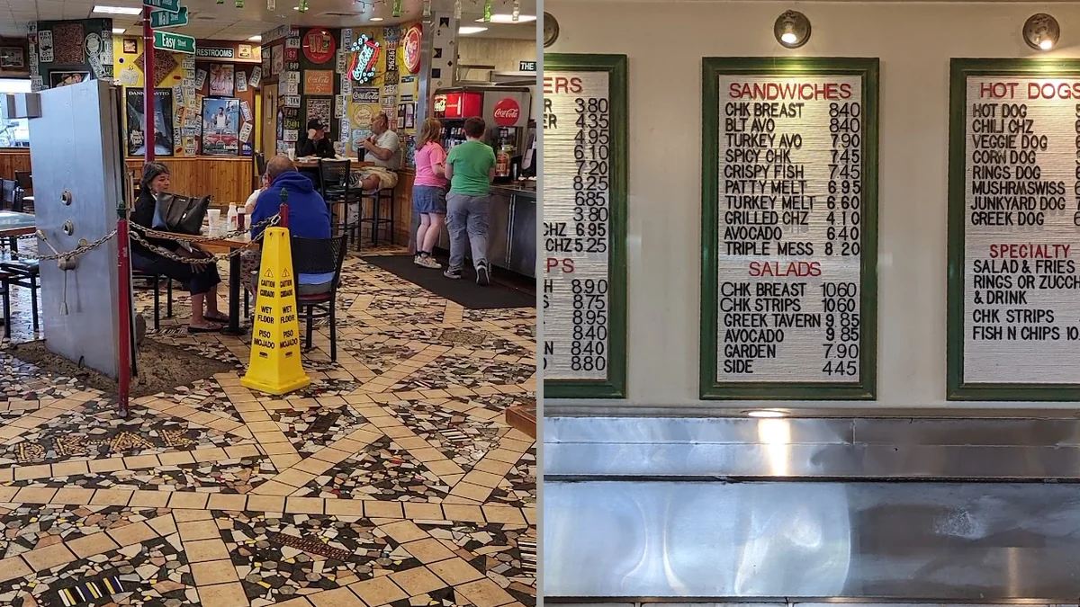 Casual diner counter with booths and warm lighting.