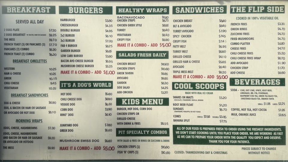Breakfast plates beside burgers and wraps.