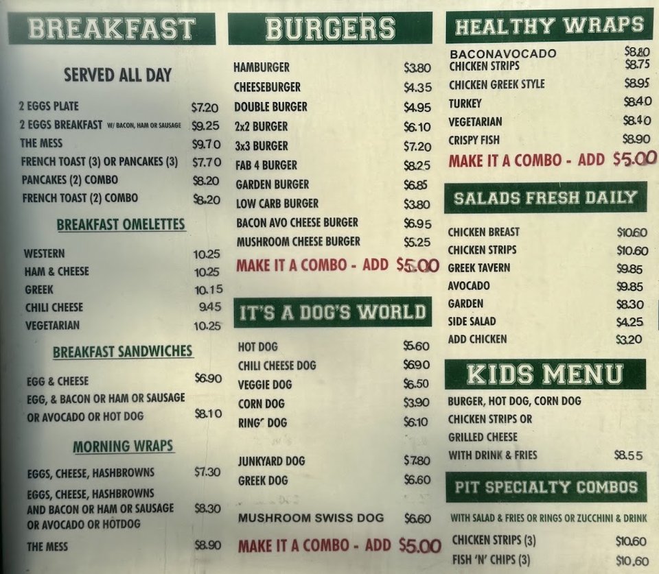 Printed menu with classic American diner favorites.